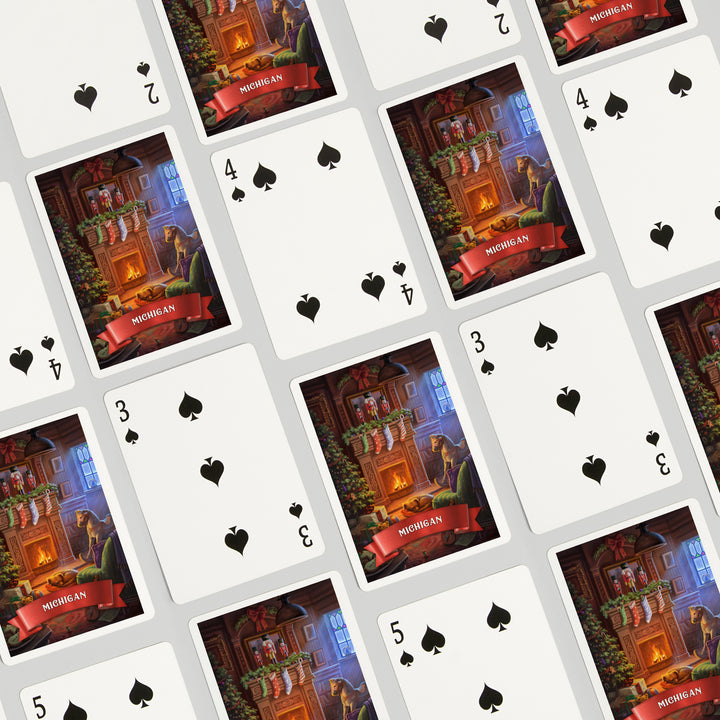 Playing Cards, Michigan, Christmas Morning, 52 Card Deck with Jokers in Box, Unique Art