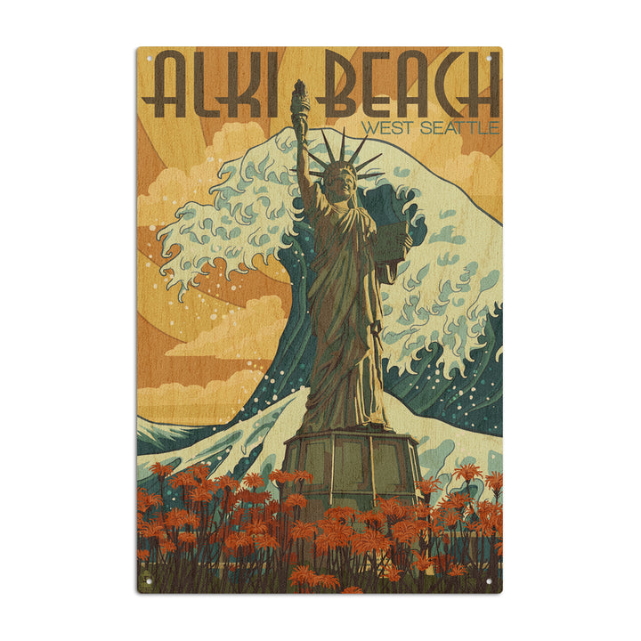 Alki Beach, West Seattle, Washington, Lady Liberty Statue, Lantern Press Artwork, Wood Signs and Postcards