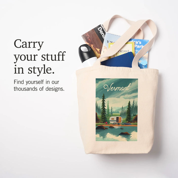 Vermont, Get Outside, At Home Anywhere, Camper in Evergreens, Tote Bag
