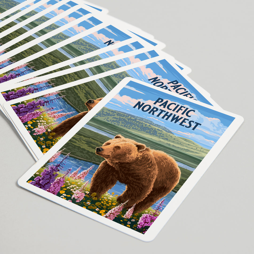Playing Cards, Pacific Northwest, Painterly, Grizzly Bear in Meadow, 52 Card Deck with Jokers in Box, Unique Art