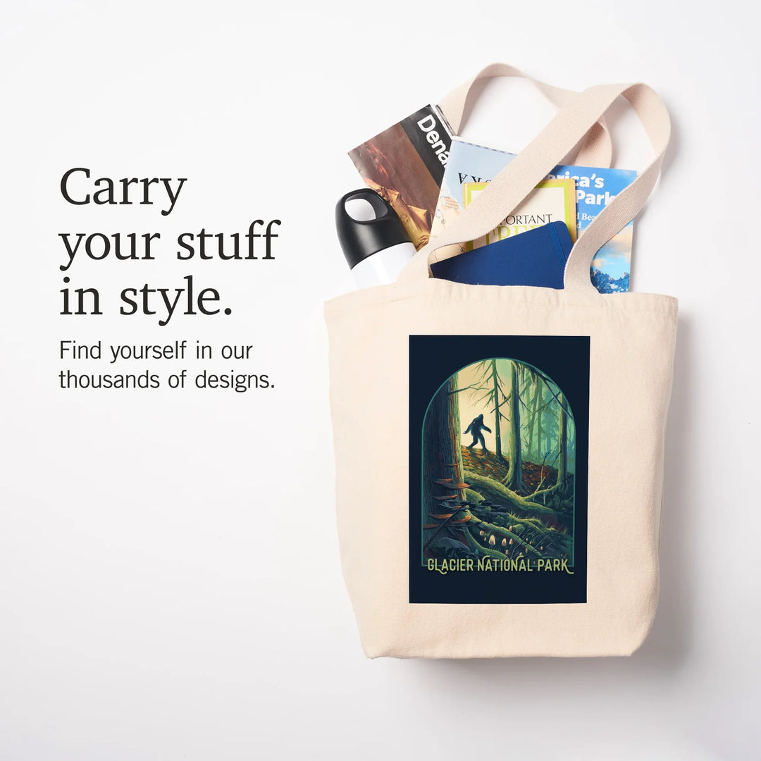 Glacier National Park, Montana, Get Outside, Wanderer, Bigfoot in Forest, Tote Bag