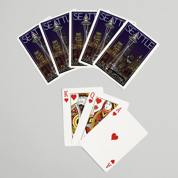 Playing Cards, Seattle, Washington, Space Needle Christmas at Night, 52 Card Deck with Jokers in Box, Unique Art