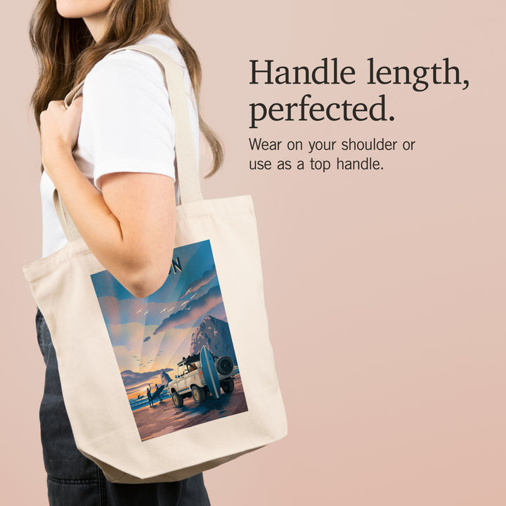 Oregon, Lithograph, Surfers on Beach, Tote Bag