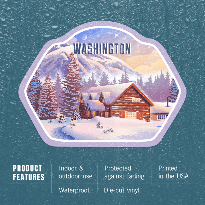 Washington, Lithograph, Mountain Lodge, Winter Scene, Vinyl Sticker