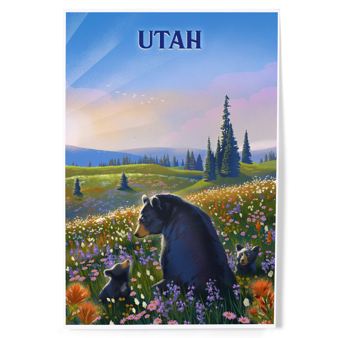 Utah, Lithograph, Bear Family in Field