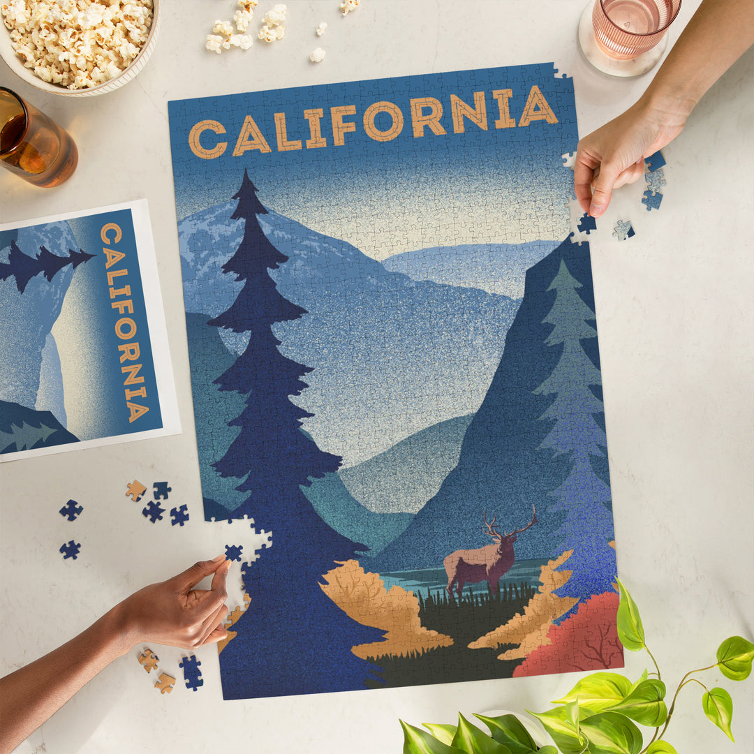 California, Lithograph, Elk and Mountain Scene, 1000 Piece Jigsaw Puzzle