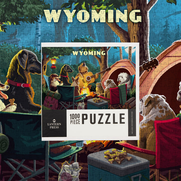 Wyoming, Painterly, Pack Life, Dogs Around Campfire, Jigsaw Puzzle
