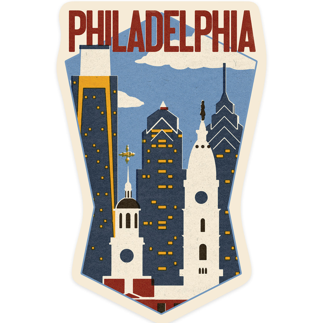 Philadelphia, Pennsylvania, Woodblock, Contour, Lantern Press Artwork, Vinyl Sticker