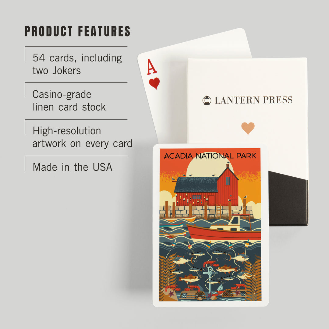 Playing Cards, Acadia National Park, Maine, Nautical Geometric, 52 Card Deck with Jokers in Box, Unique Art