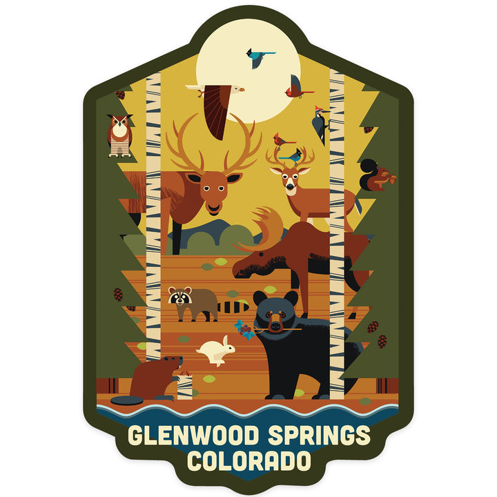 Glenwood Springs, Colorado, Forest Animals and Pine Trees, Geometric, Contour, Vinyl Sticker