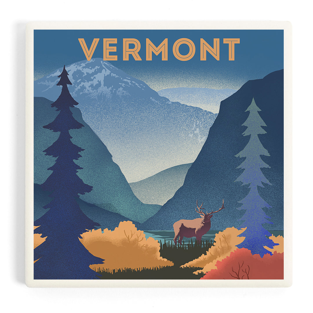 Vermont, Lithograph, Elk and Mountains Scene, Coasters