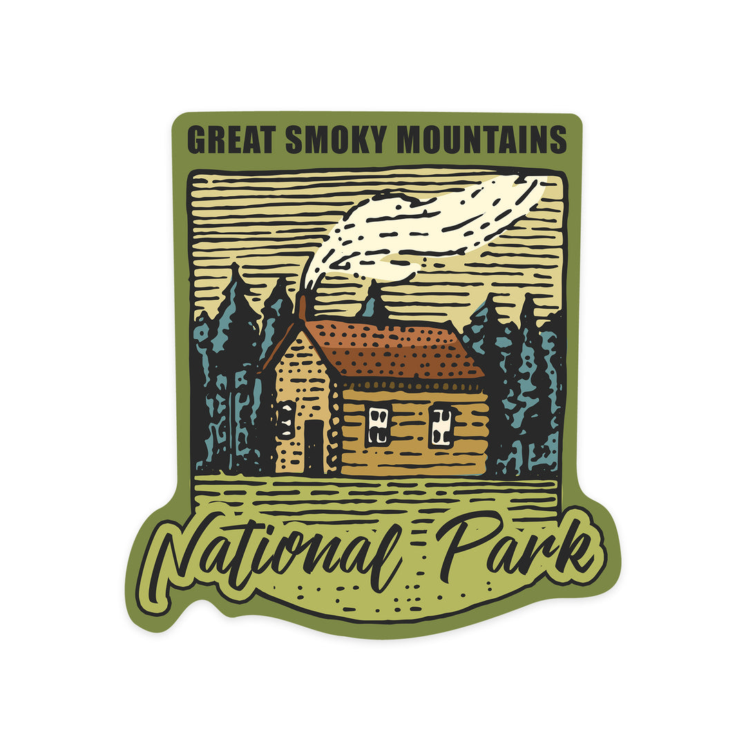 Great Smoky Mountains National Park, Cabin in the Woods, Badge, Contour, Lantern Press Artwork, Vinyl Sticker