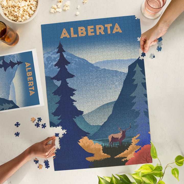 Alberta, Lithograph, Elk and Mountains Scene, Jigsaw Puzzle