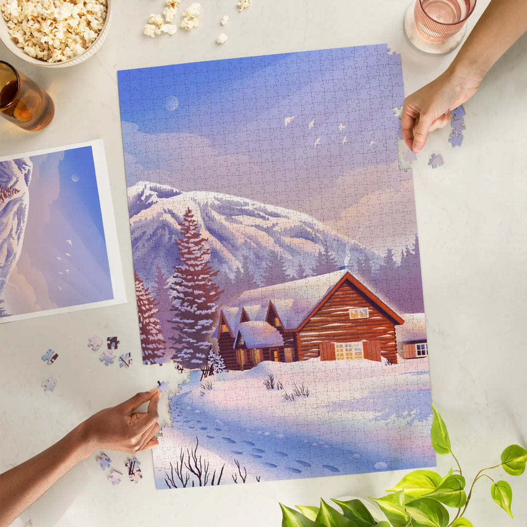 Lithograph, Mountain Lodge, Winter Scene, Jigsaw Puzzle
