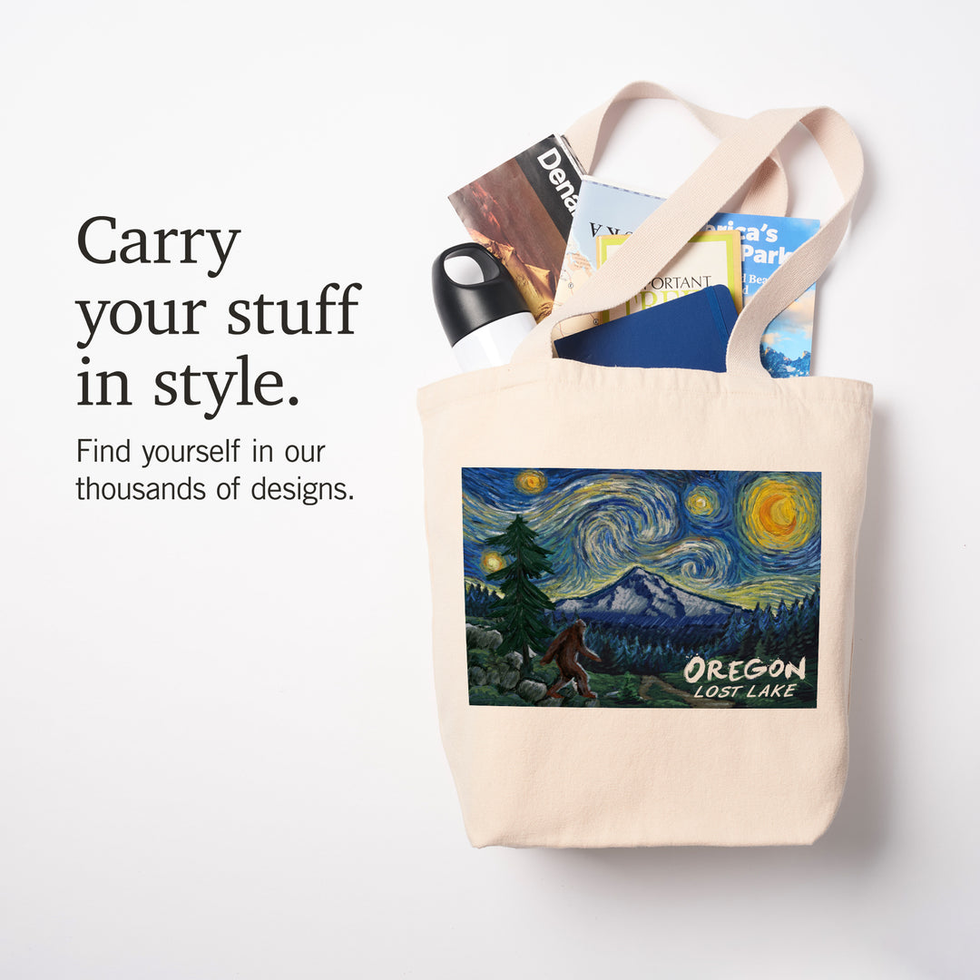 Lost Lake, Oregon, Bigfoot, Mt Hood, Starry Night, Lantern Press Artwork, Tote Bag