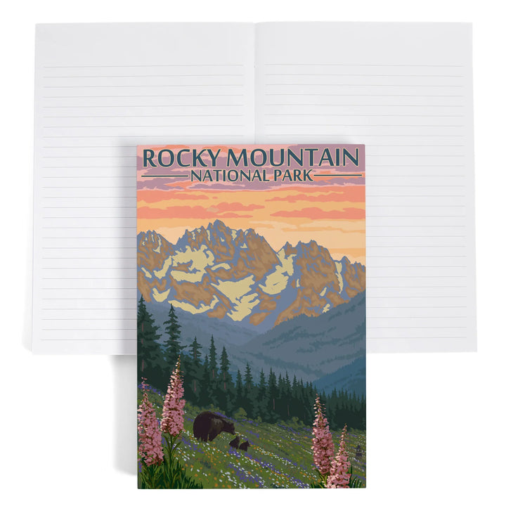 Lined 6x9 Journal, Rocky Mountain National Park, Colorado, Bear and Cubs with Flowers, Lay Flat, 193 Pages, FSC paper