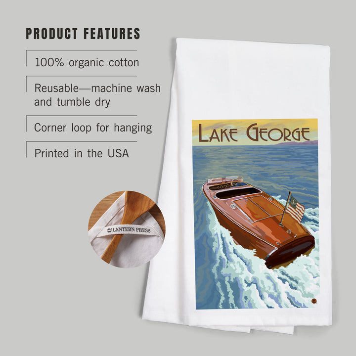Lake George, New York, Wooden Boat on Lake, Organic Cotton Kitchen Tea Towels