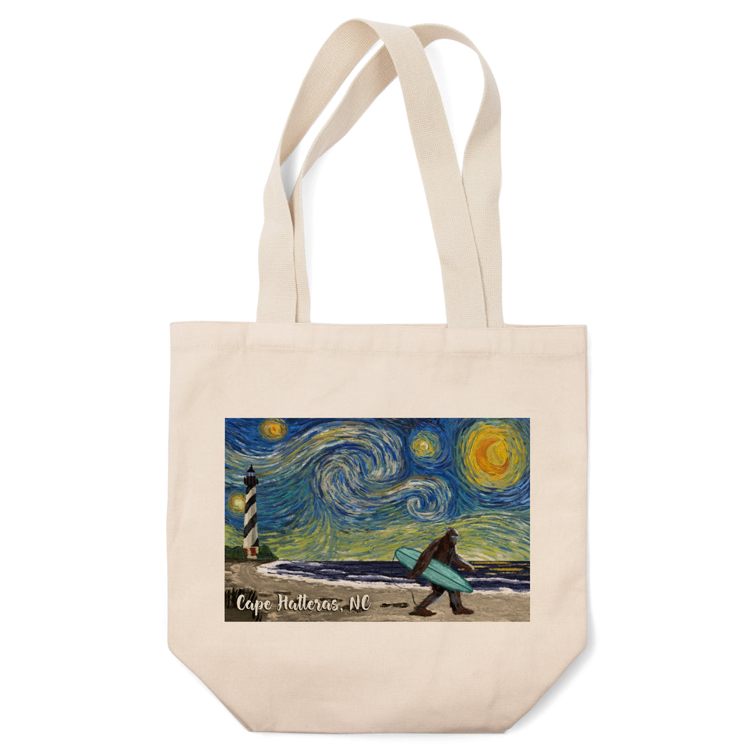 Cape Hatteras, North Carolina, Van Gogh Starry Night, Bigfoot, Lantern Press Artwork, Tote Bag