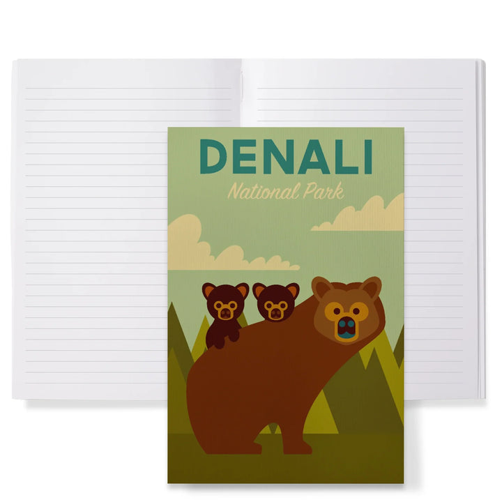 Lined 6x9 Journal, Denali National Park, Alaska, Bear and Cubs, Geometric, Lay Flat, 193 Pages, FSC paper