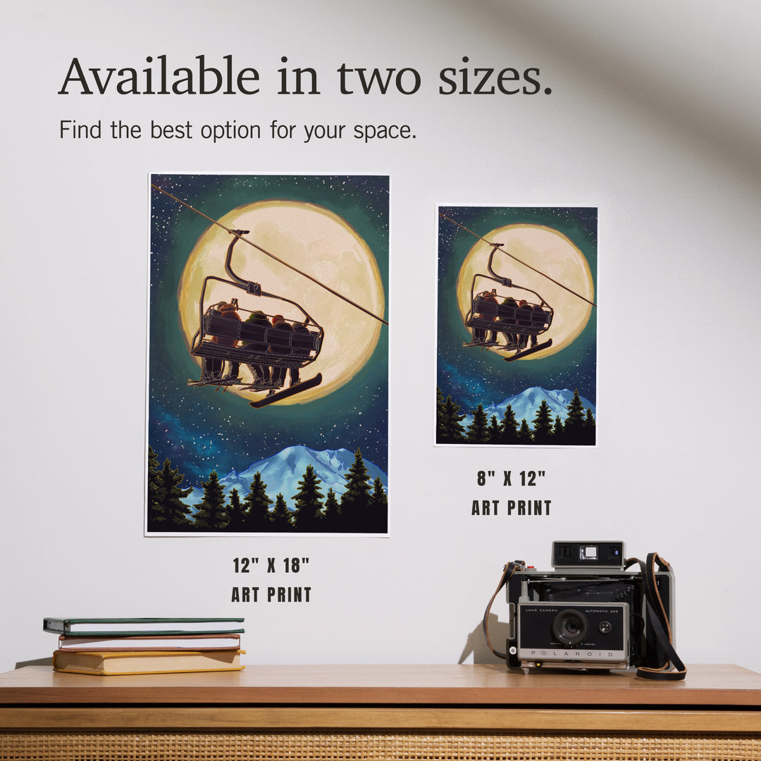 Ski Lift and Full Moon with Snowboarder, Art & Giclee Prints