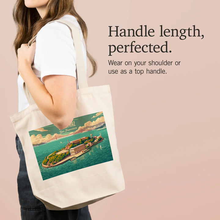San Francisco, California, Alcatraz with Golden Gate Bridge, Painterly, Tote Bag