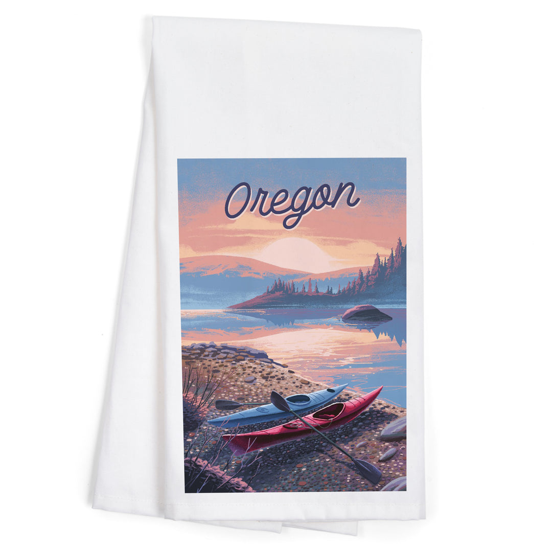Oregon, Glassy Sunrise, Kayak, Organic Cotton Kitchen Tea Towels
