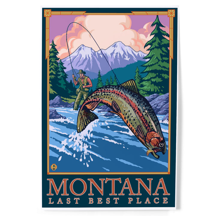 Montana, Last Best Place, Angler Fly Fishing Scene (Leaping Trout), Art & Giclee Prints