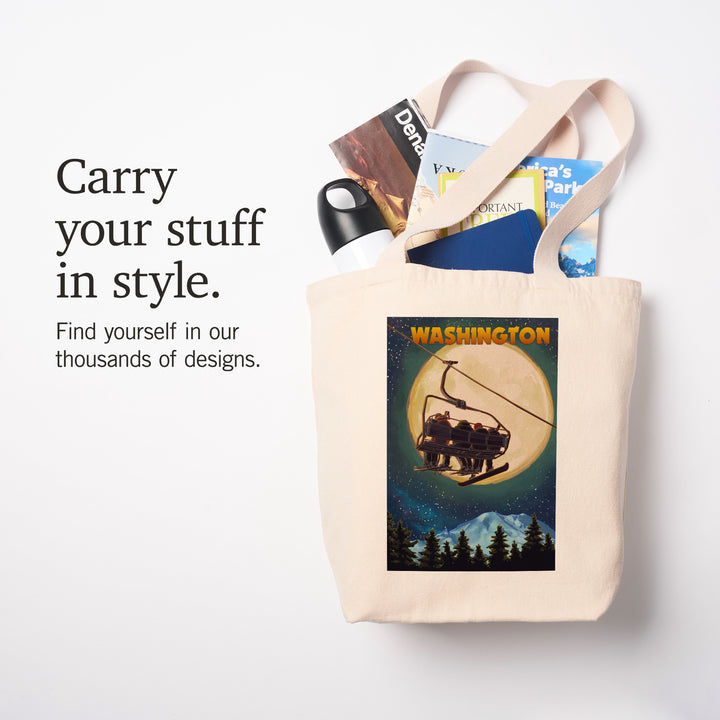 Washington Ski Lift, Full Moon Snowboarder, Tote Bag