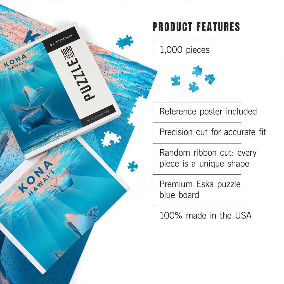 Kona, Hawaii, Lithograph, Manta Ray, Jigsaw Puzzle