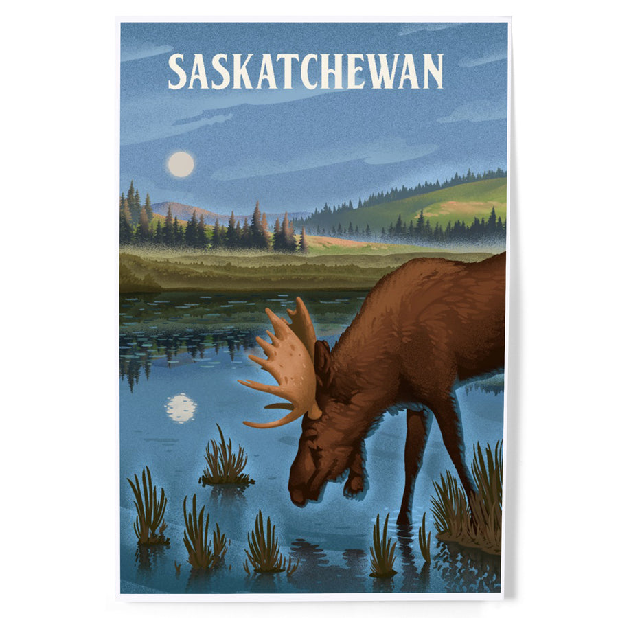 Saskatchewan, Lithograph, Reflection Pond and Bull Moose art prints, metal signs