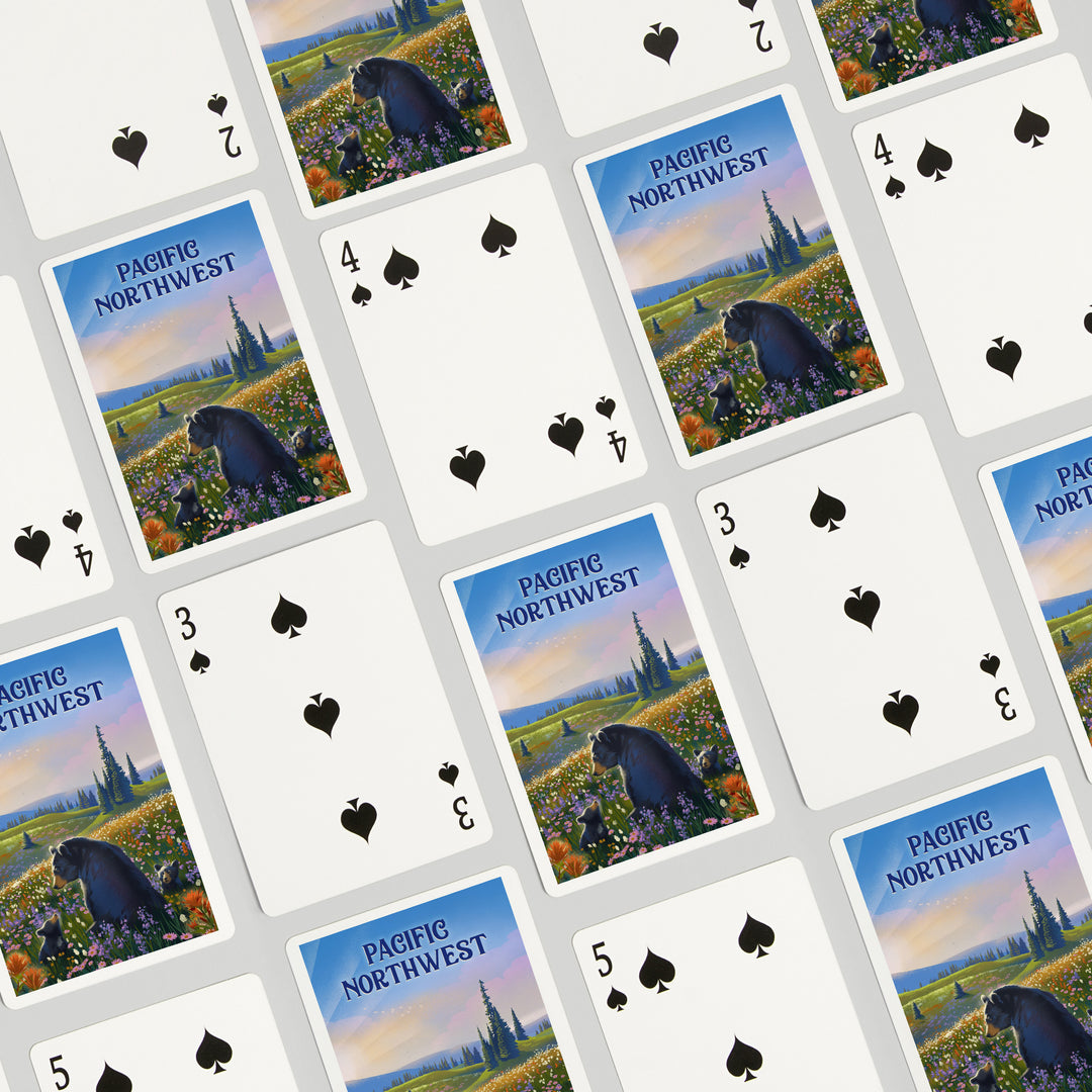 Playing Cards, Pacific Northwest, Lithograph, Bear Family in Field, 52 Card Deck with Jokers in Box, Unique Art