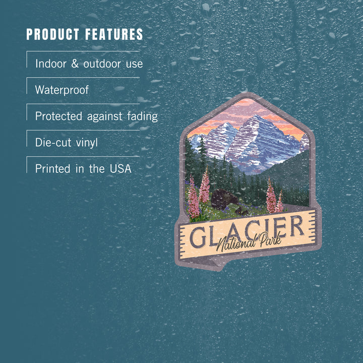Glacier National Park, Montana, Bear and Spring Flowers, Contour, Lantern Press Artwork, Vinyl Sticker