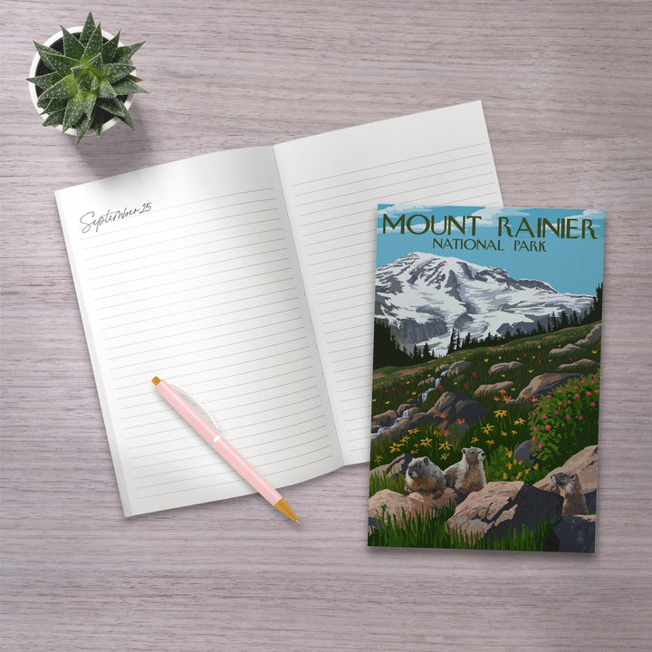 Lined 6x9 Journal, Mount Rainier National Park, Washington, Meadow and Marmots, Lay Flat, 193 Pages, FSC paper