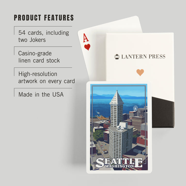 Playing Cards, Seattle, Washington, Smith Tower and Elliott Bay, 52 Card Deck with Jokers in Box, Unique Art
