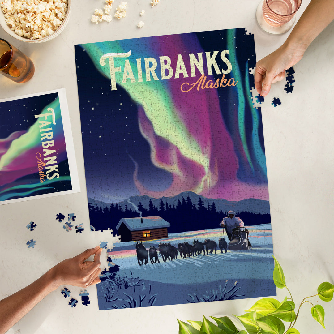 Fairbanks, Alaska, Painterly, Northern Lights and Dogsled, Jigsaw Puzzle