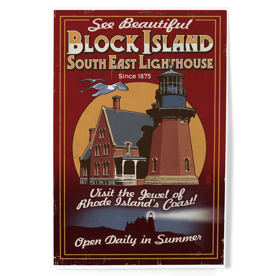 Block Island, Rhode Island, Lighthouse Vintage Sign, Art & Giclee Prints - Lantern Press