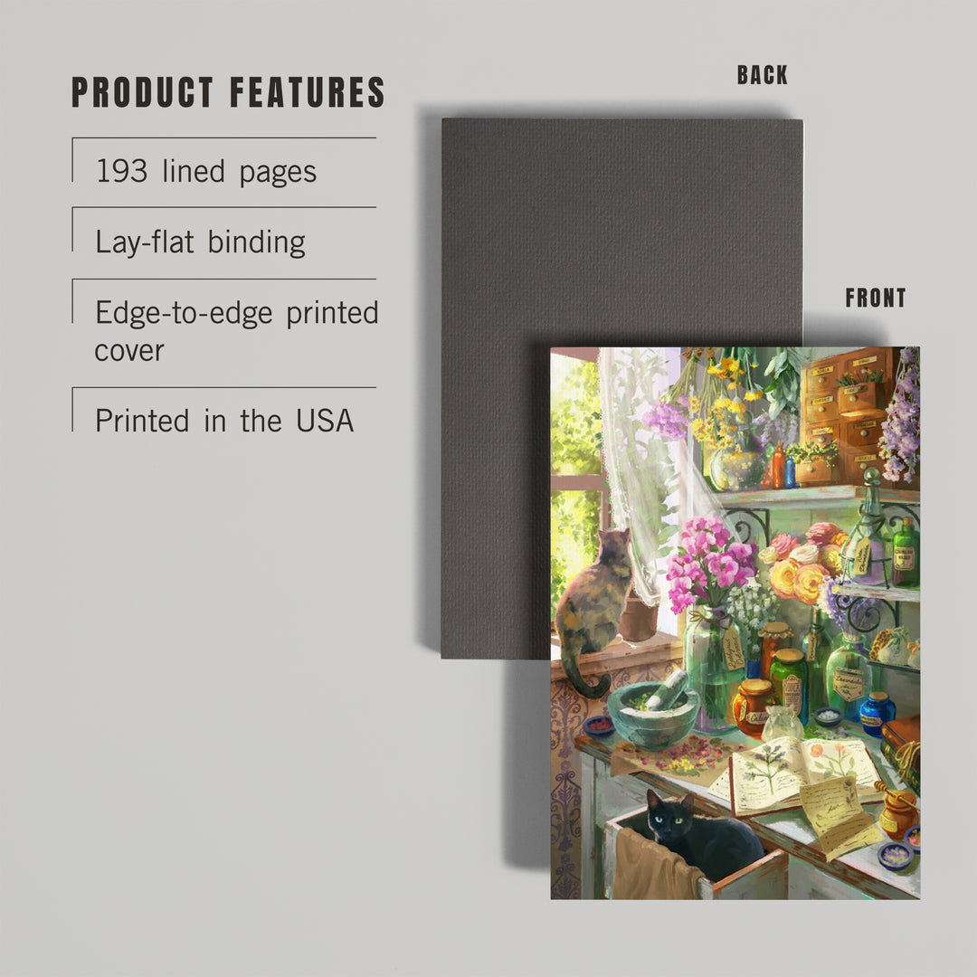 Lined 6x9 Journal, Garden Apothecary, With Cat, Oil Painting, Lay Flat, 193 Pages, FSC paper
