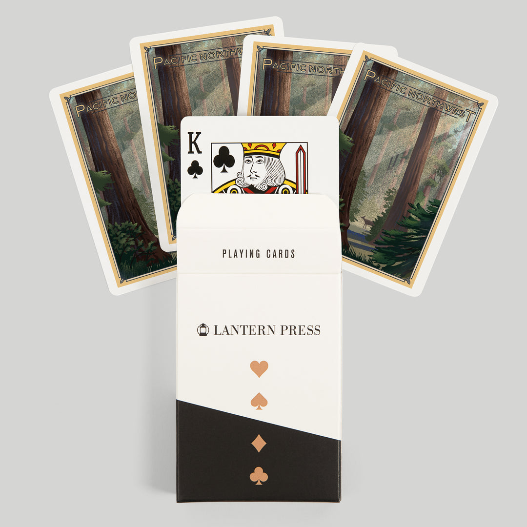 Playing Cards, Pacific Northwest, Deer in Forest, Lithograph, 52 Card Deck with Jokers in Box, Unique Art