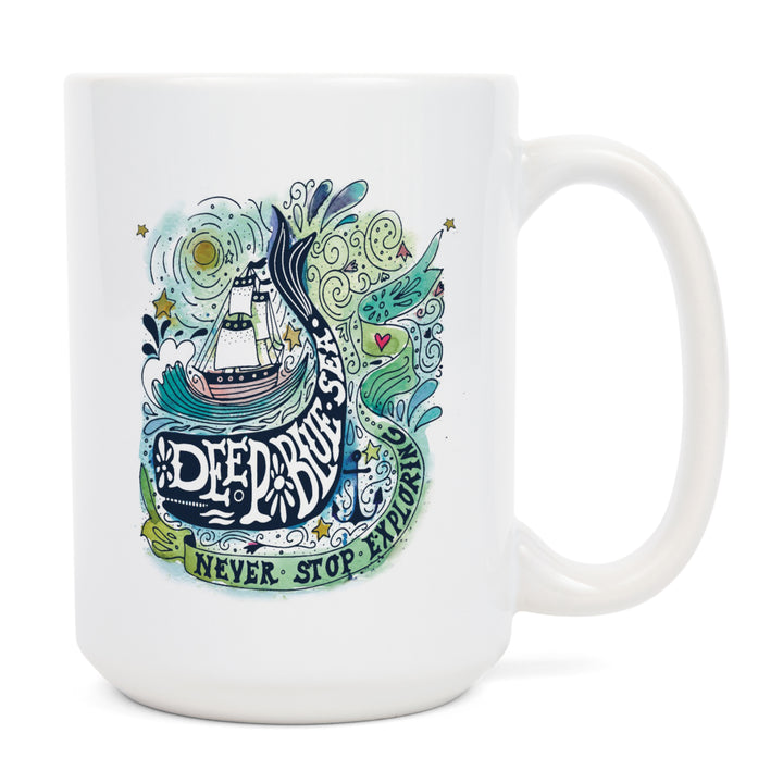 Watercolor Whale, Deep Blue Sea, Nautical Art, Contour, Ceramic Mug