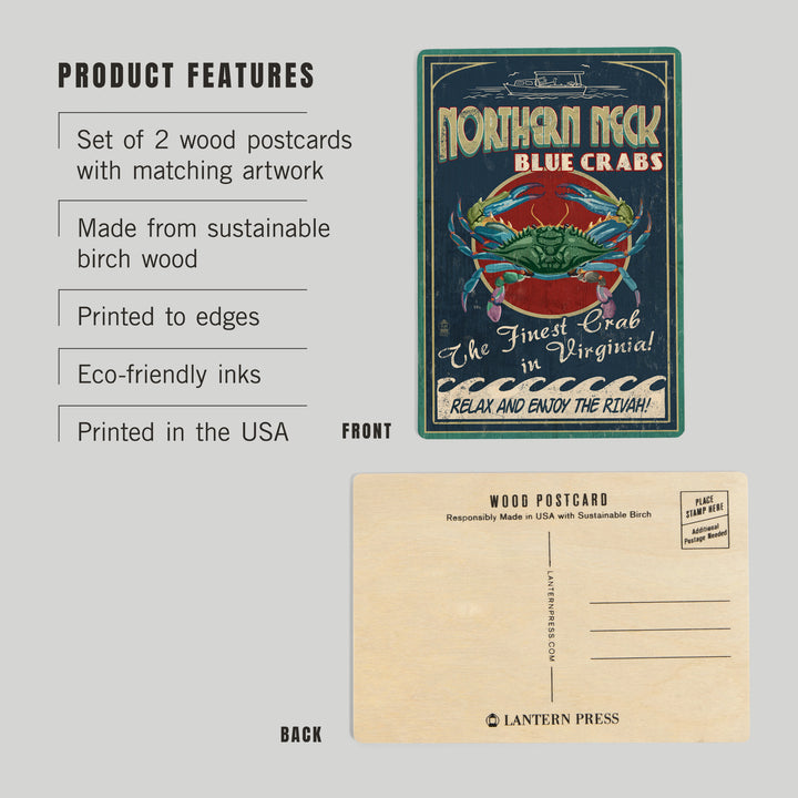 Northern Neck, Virginia, Blue Crab Vintage 52777, Wood Sign and Postcards