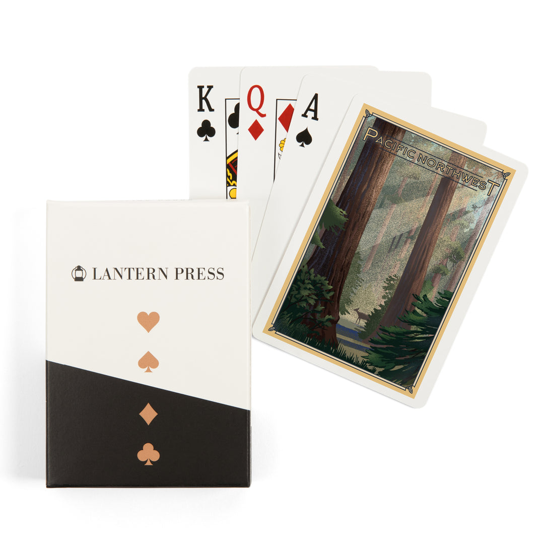 Playing Cards, Pacific Northwest, Deer in Forest, Lithograph, 52 Card Deck with Jokers in Box, Unique Art