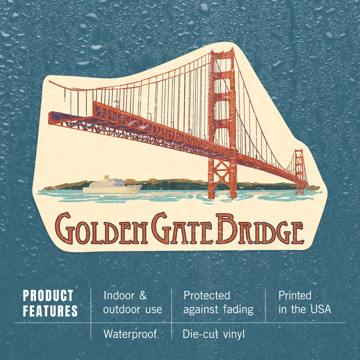 San Francisco, California, Golden Gate Bridge, Contour, Lantern Press Artwork, Vinyl Sticker