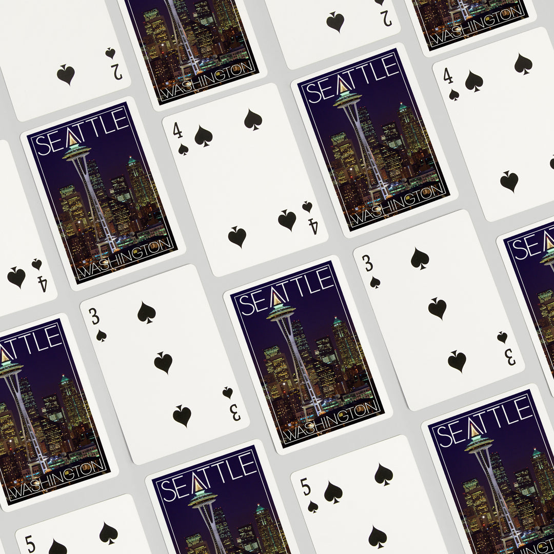Playing Cards, Seattle, Washington, Space Needle Christmas at Night, 52 Card Deck with Jokers in Box, Unique Art
