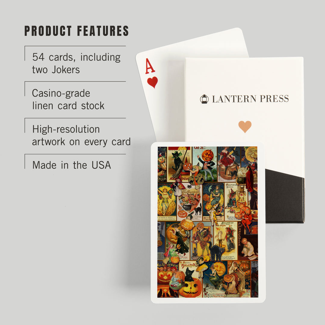 Playing Cards, Vintage Halloween Postcard Collage, 52 Card Deck with Jokers in Box, Unique Art