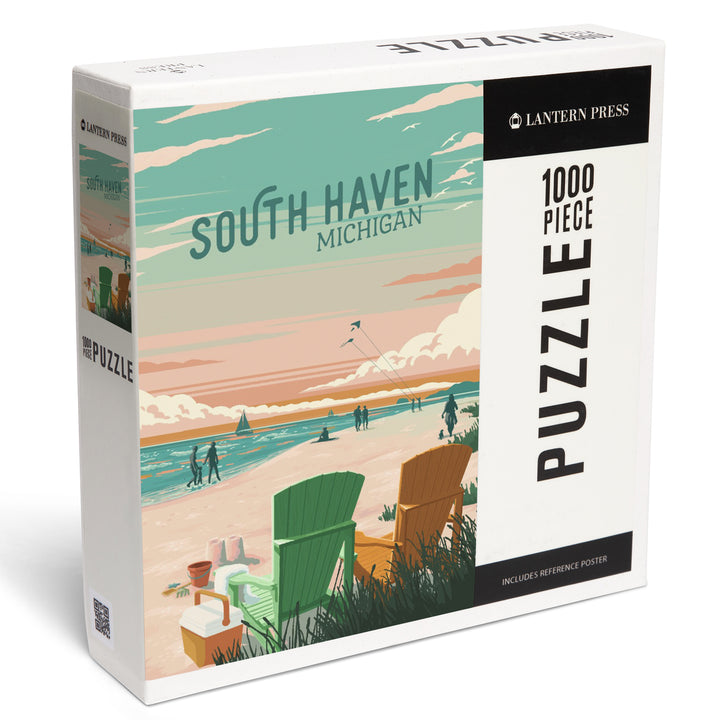 South Haven, Michigan, Painterly, Bottle This Moment, Beach Chairs, 1000 Piece Jigsaw Puzzle
