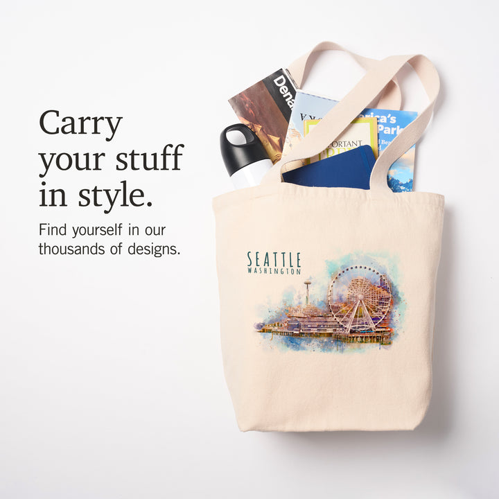 Seattle Skyline, Ferris Wheel, Watercolor, Tote Bag