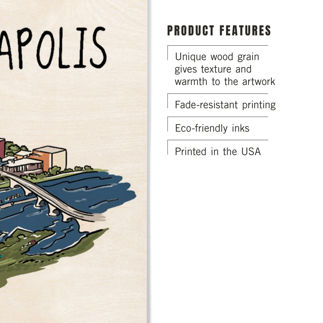 Minneapolis, Minnesota, Cityscape, Line Drawing, Wood Sign and Postcards