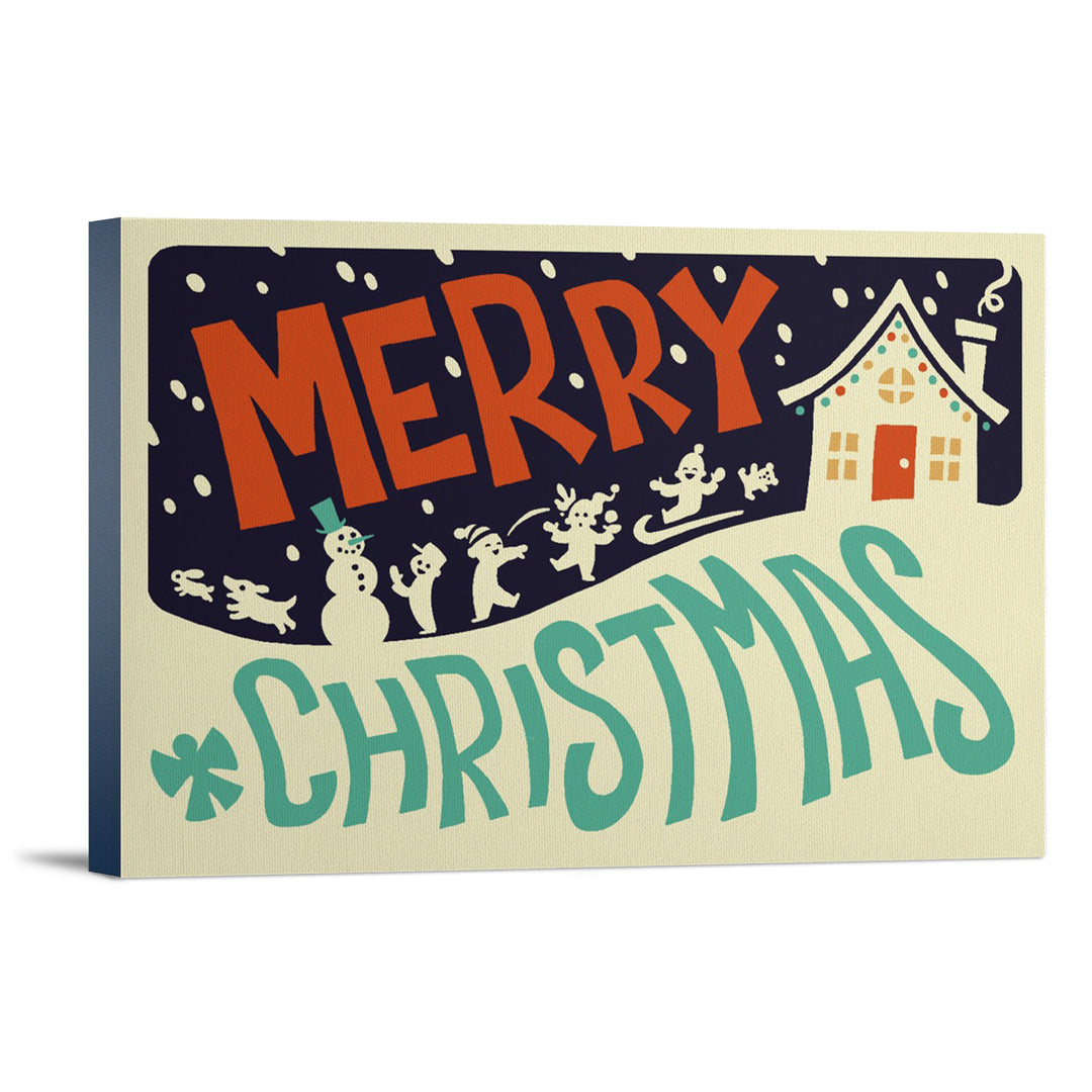 Merry Christmas House, Retro Christmas, Lantern Press Artwork, Stretched Canvas