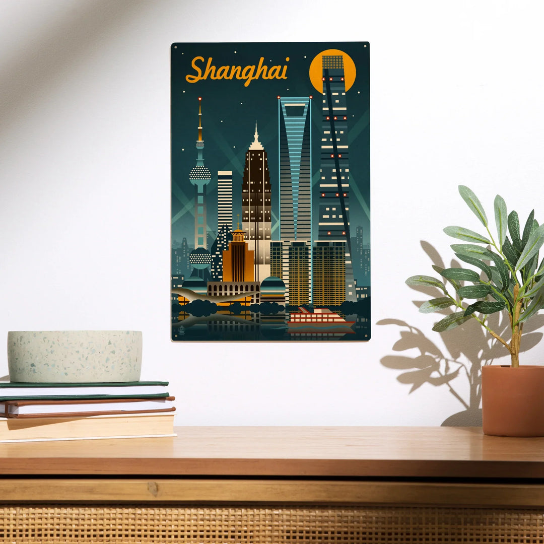 Shanghai, China, Retro Skyline, Wood Sign and Postcards