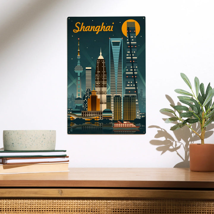 Shanghai, China, Retro Skyline, Wood Sign and Postcards